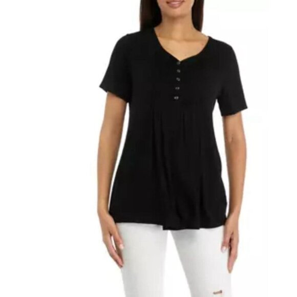 Kim Rogers Women's Black Honeycomb V-Neck Short Sleeve Flowy Top Size XXL‎ NWT - Picture 2 of 14